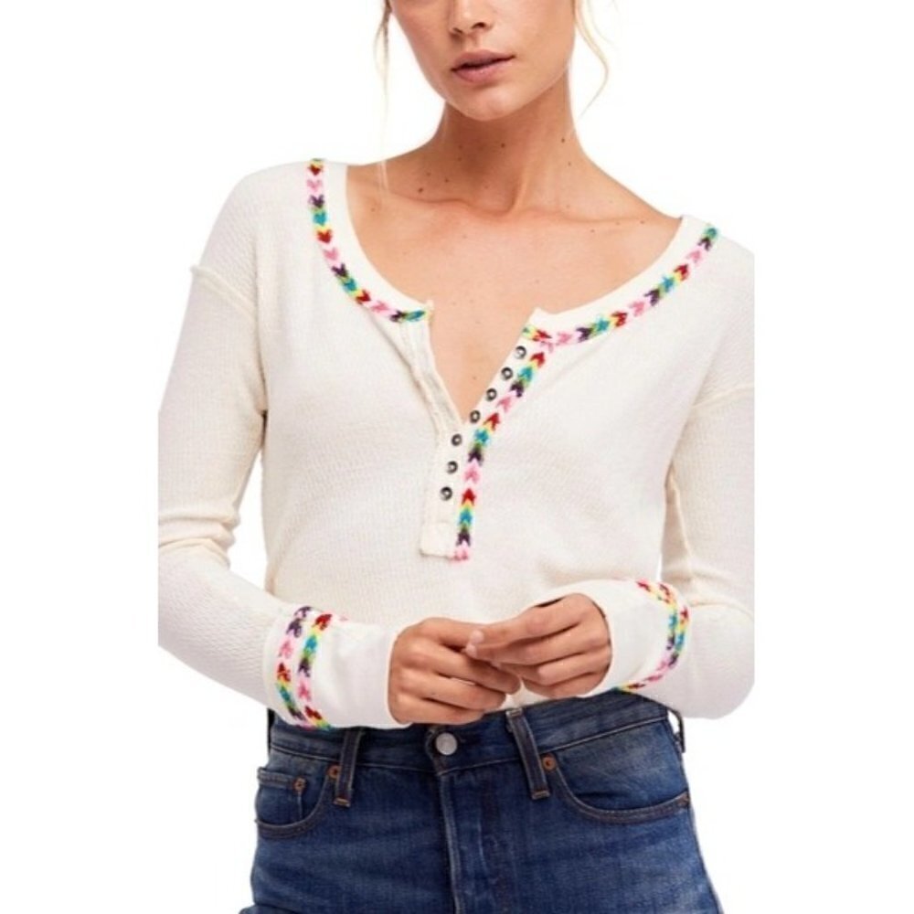 Free People We the Free Ivory White Rainbow Thermal Henley Long Sleeve Tee XS